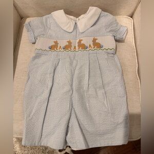 Blue Striped Baby Romper with Smocked Bunnies